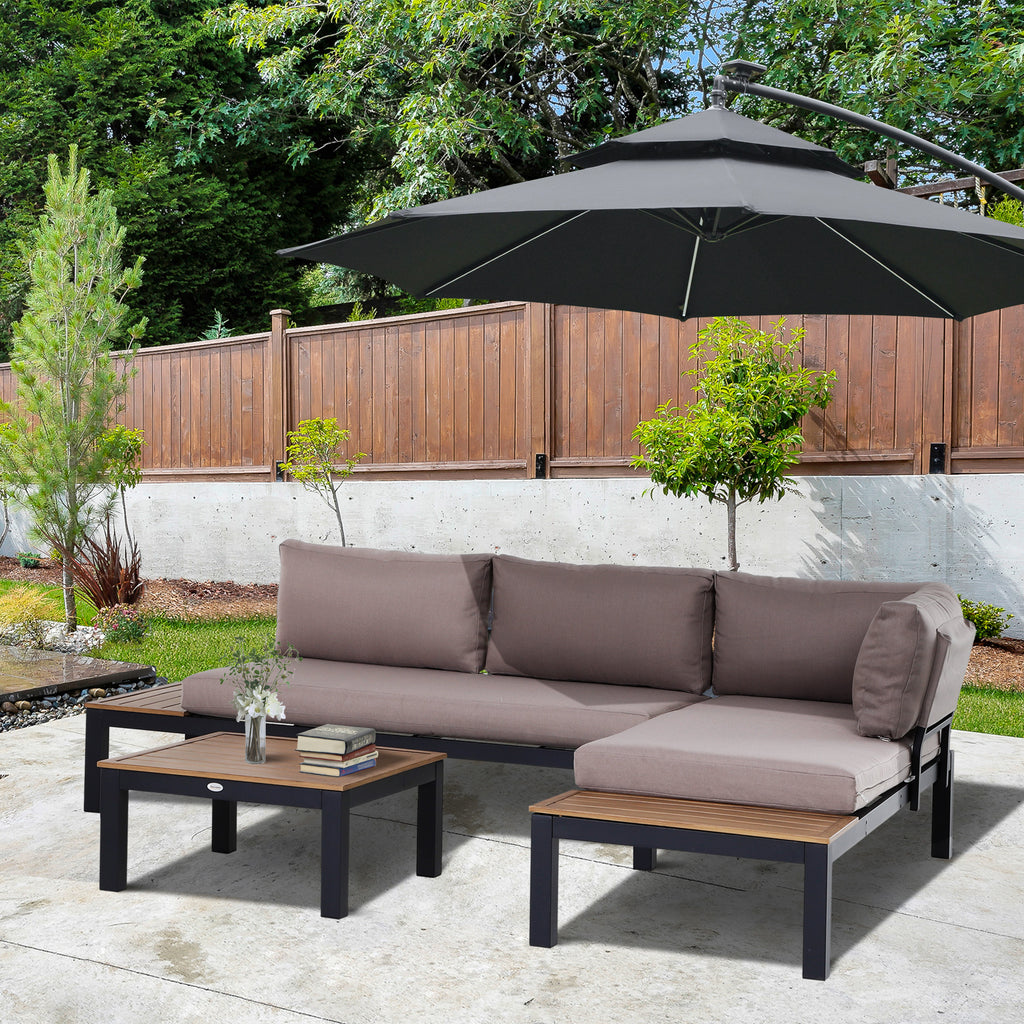 Solarias Ensemble Salon de Jardin d'angle Design Contemporain 5 Places Coussins Marron Table Basse alu. Noir et Imitation Bo