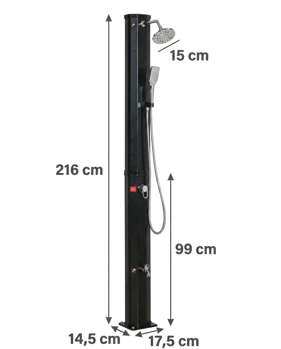 Solarias Douche Solaire 35L Premium – Grand Pommeau, Douchette à Main, Mitigeur — dimensions
