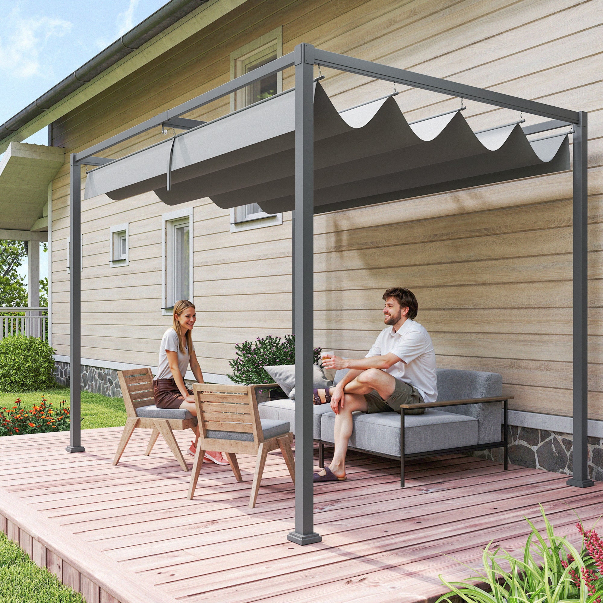 Pergola grise sur terrasse en bois, coin détente
