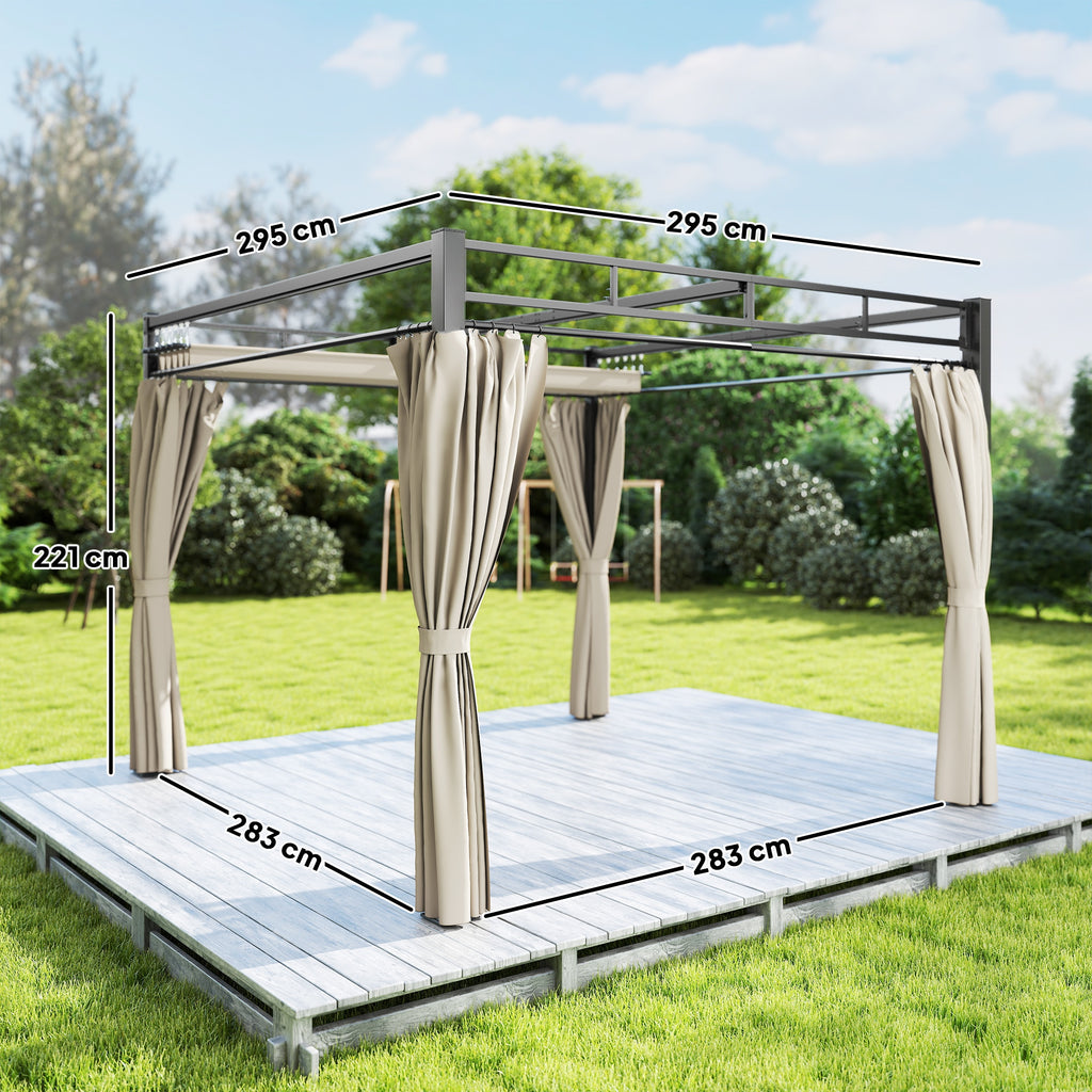 Solarias Pergola de Jardin Tonnelle de Jardin Extérieur Toit Rétractable 4 Rideaux Protection UV30+3x3m Beige