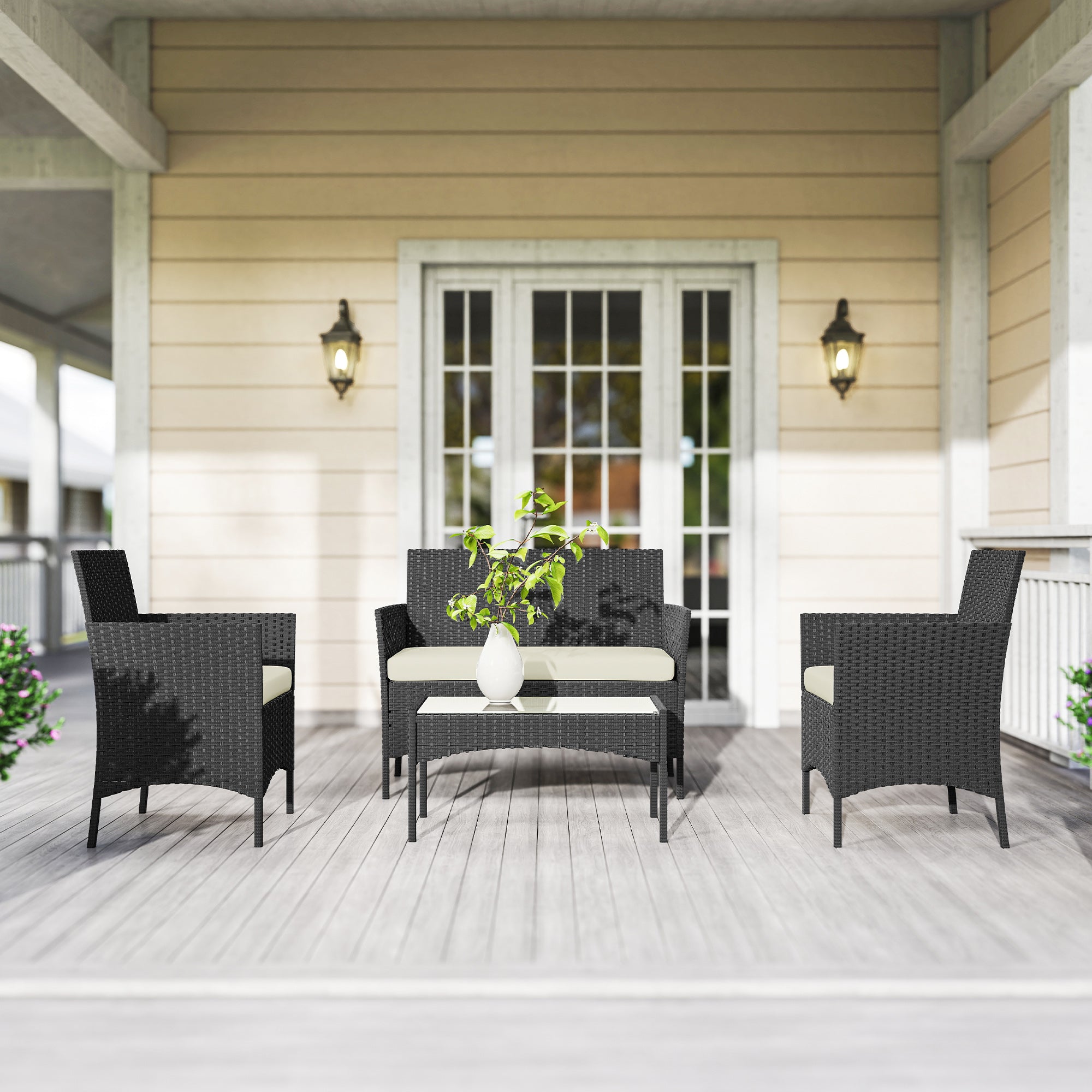 Solarias Ensemble mobilier de jardin en rotin synthétique avec canapé, fauteuils et table en verre trempé et coussins Noir e