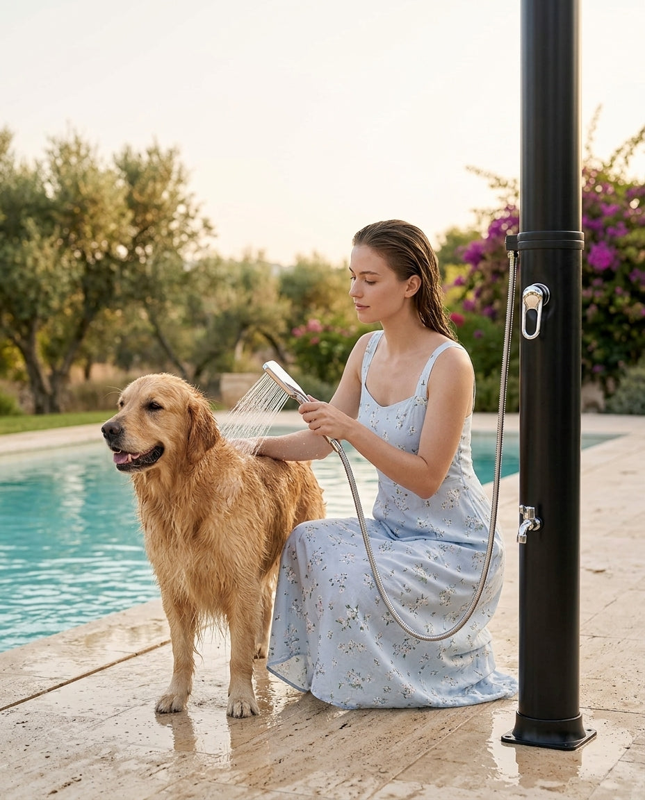 Solarias Douche Solaire 40L – Douchette à Main, Grand Pommeau, Lave-pieds — lifestyle femme rinçage chien piscine