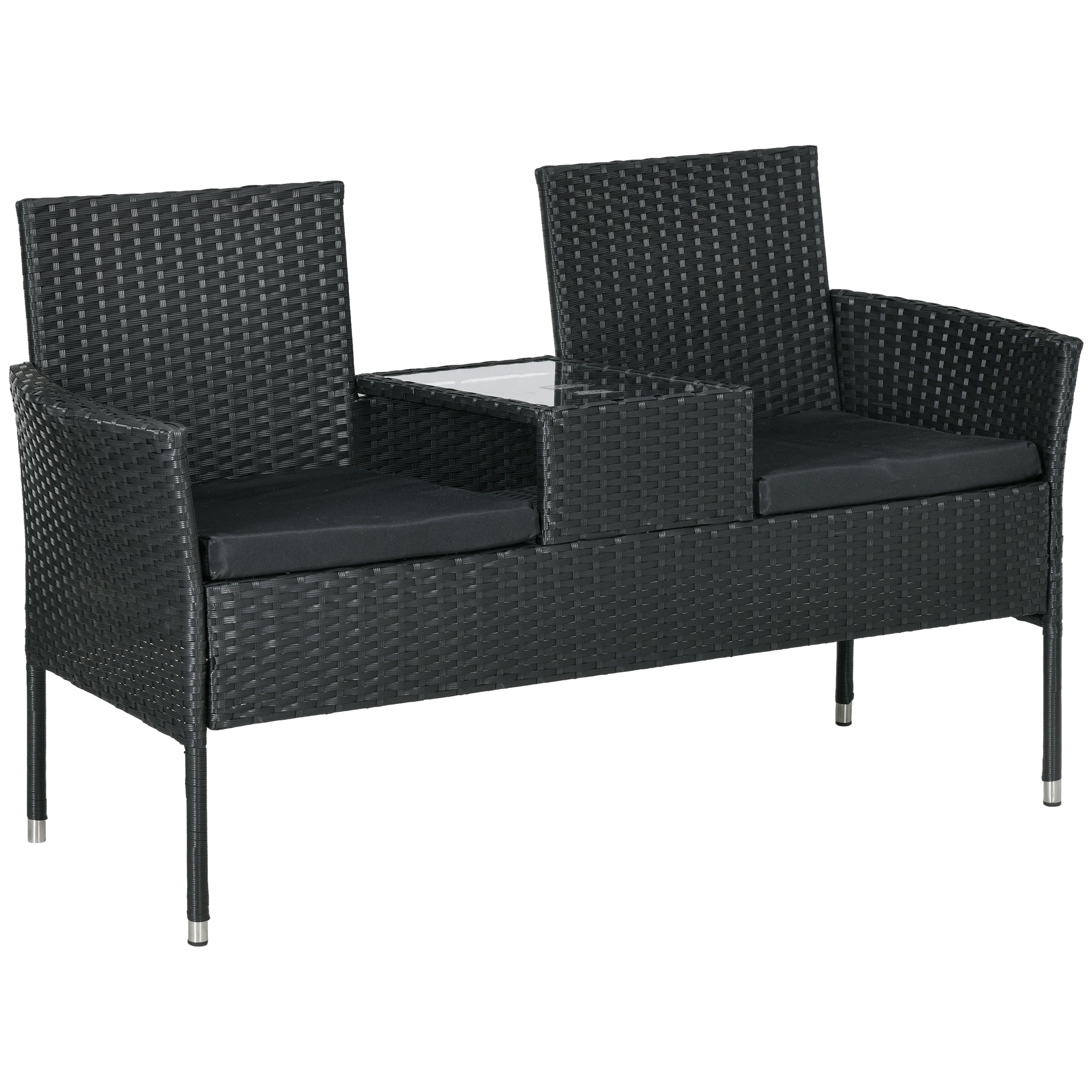 Solarias Canapé de Jardin 2 Places avec Table Basse, en Acier et Rotin PE, 137x59x82 cm, Noir