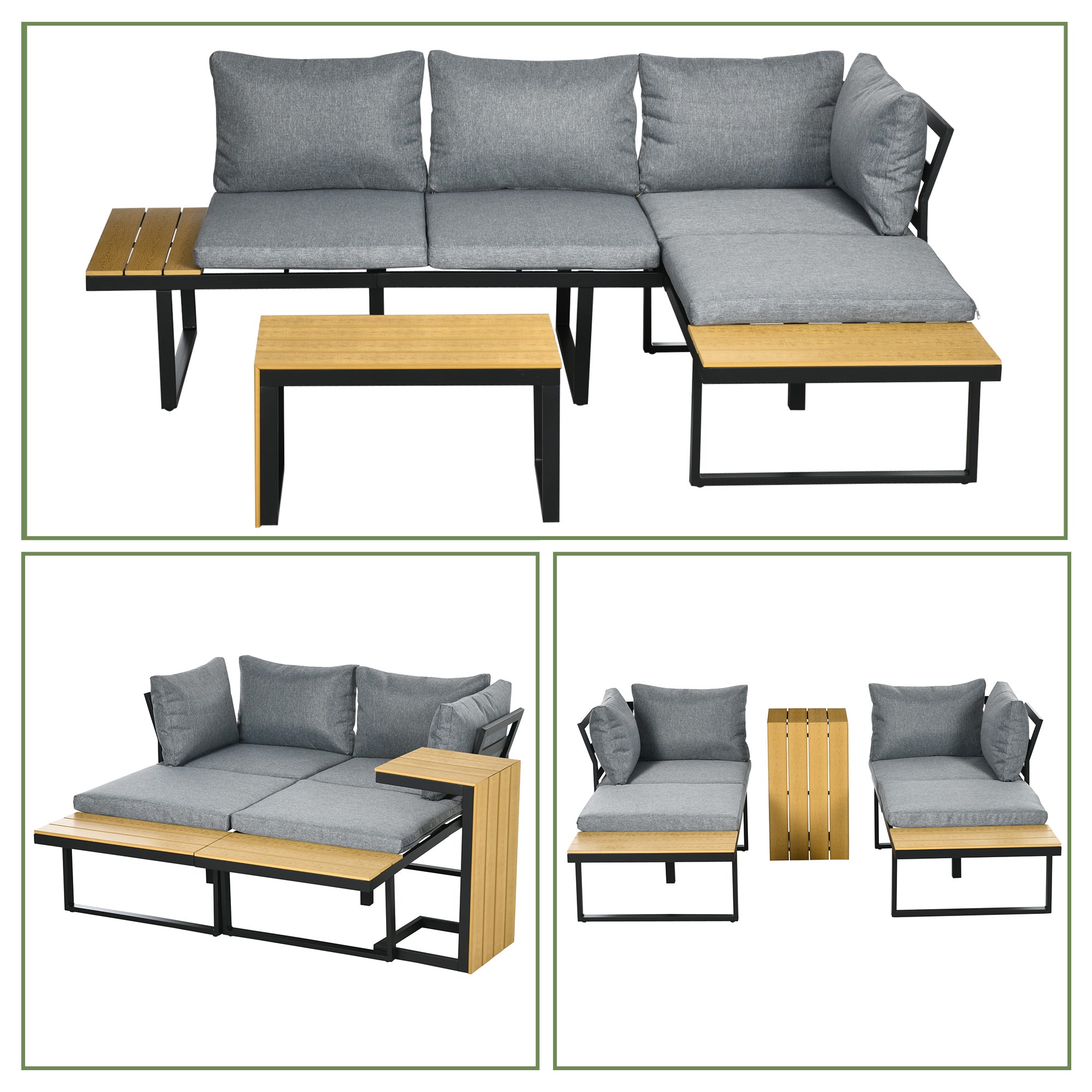 Solarias Salon de Jardin d'angle modulable avec table basse aluminium 5 places 3 pièces 8 coussins inlcus gris foncé