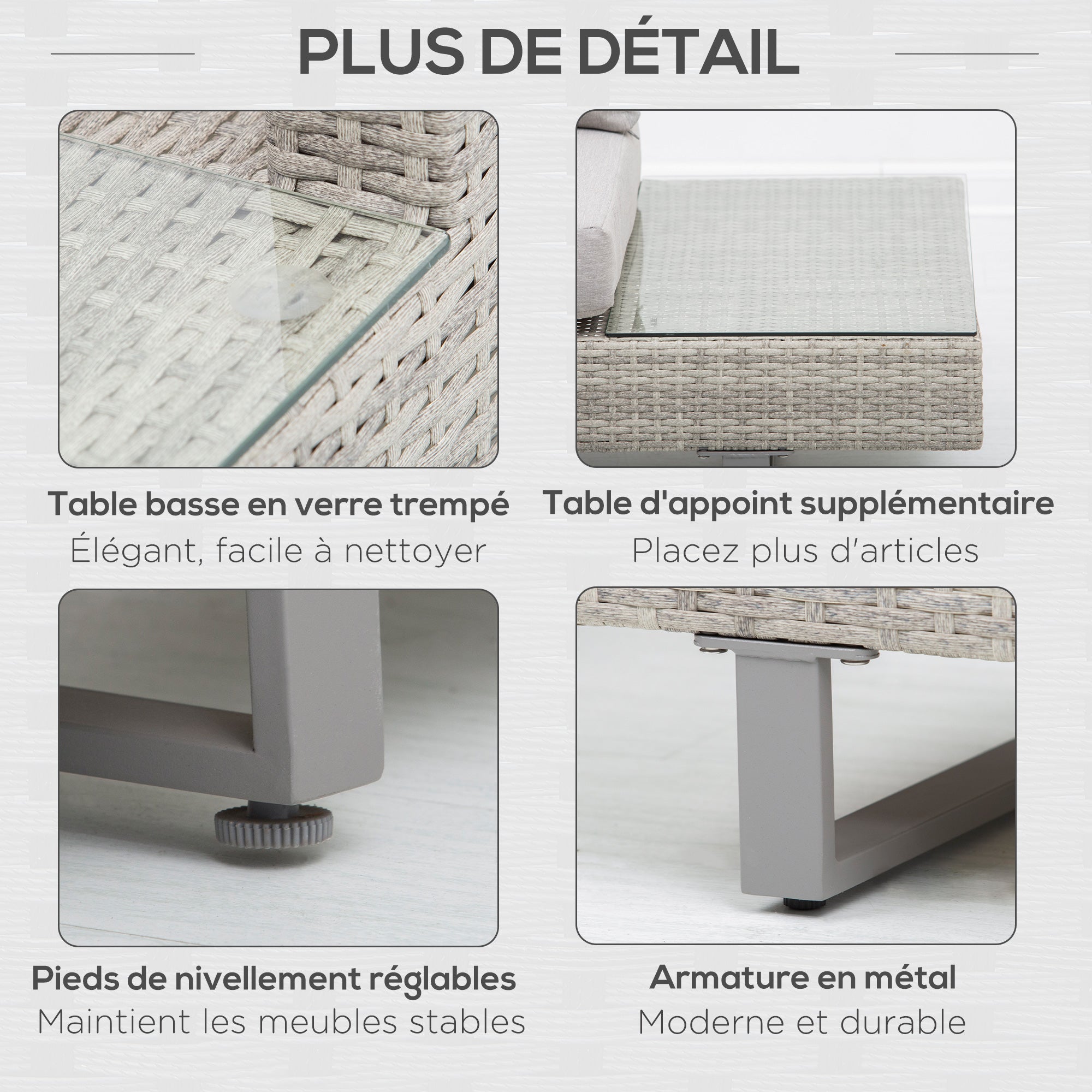 Détails : table, pieds réglables et armature