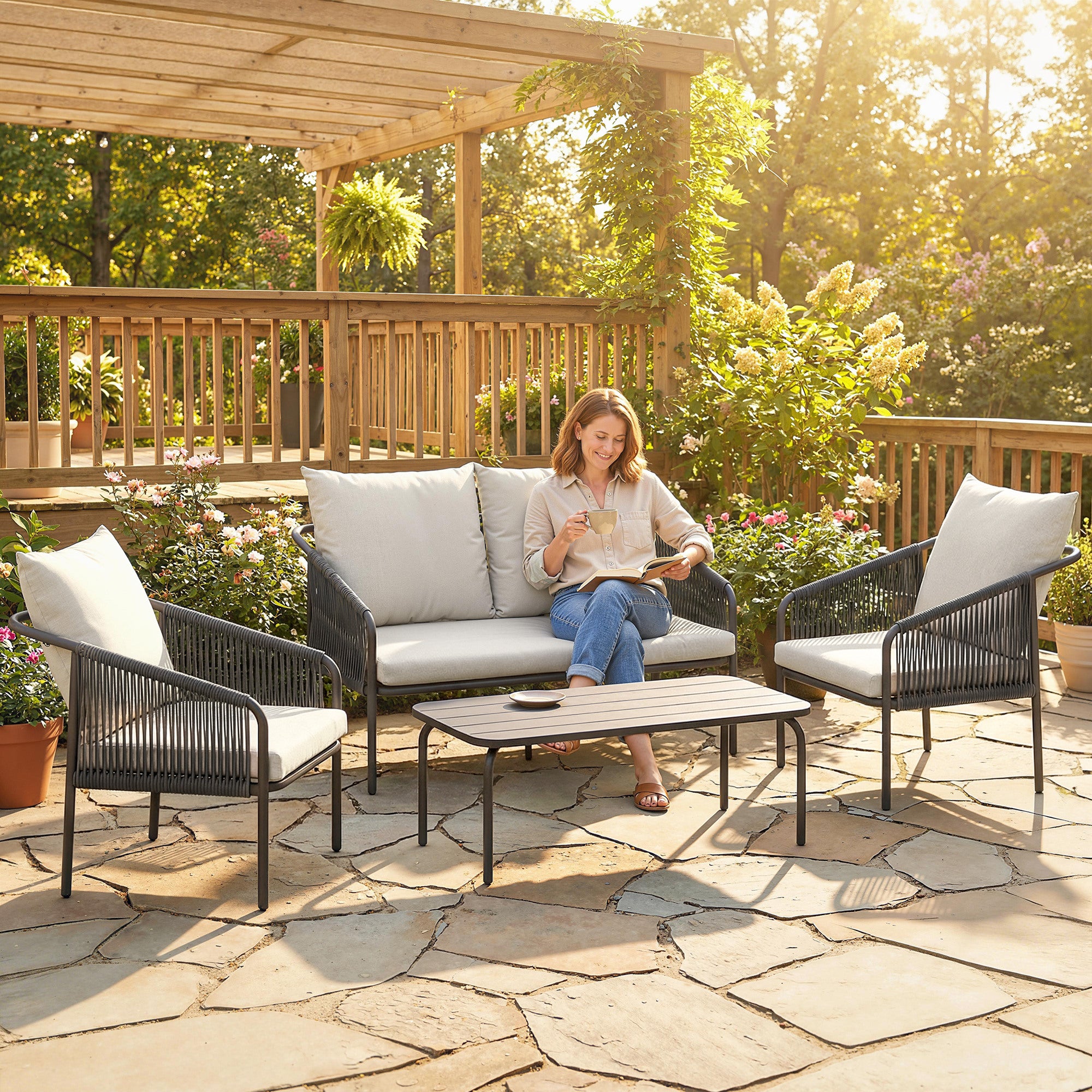 Solarias Ensemble de jardin 4 pièces Polyrattan salon avec canapé 2 places 2 fauteuils table basse coussins amovibles sangle