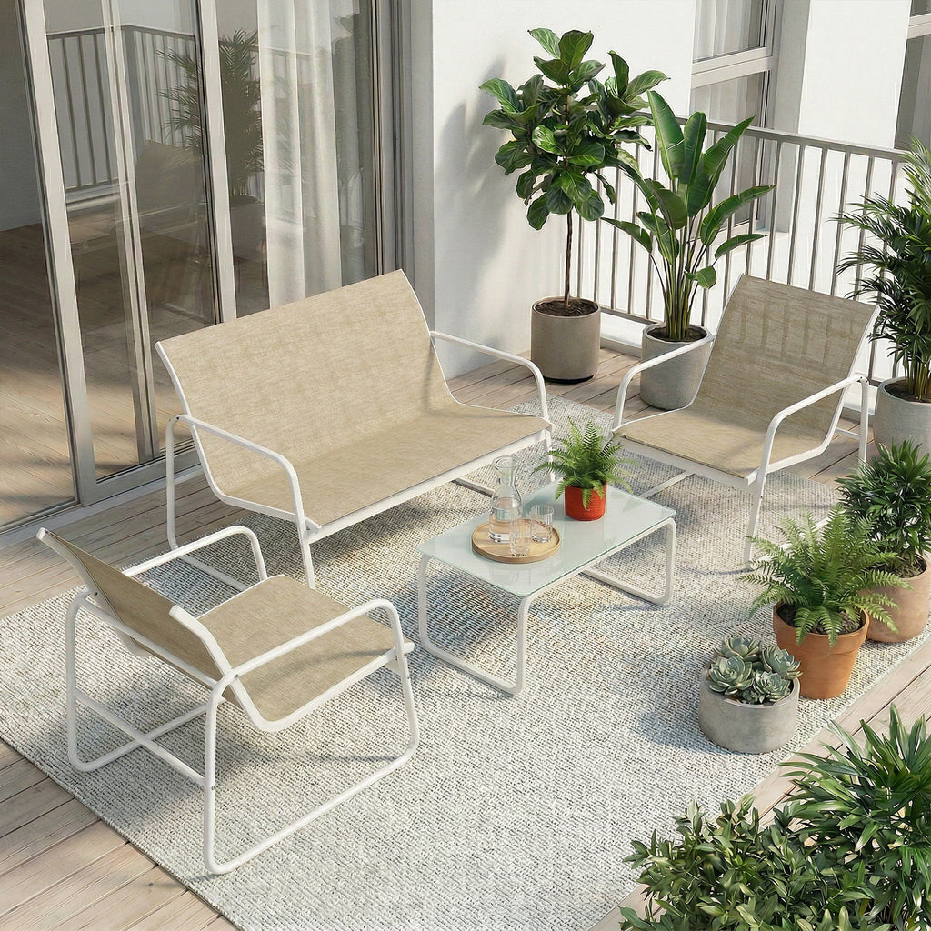 Solarias Salon de Jardin 4 Pièces avec Canapé 2 Places, 2 Fauteuils et Table, en Acier Textilène Verre Trempé, 112x73x74 cm,