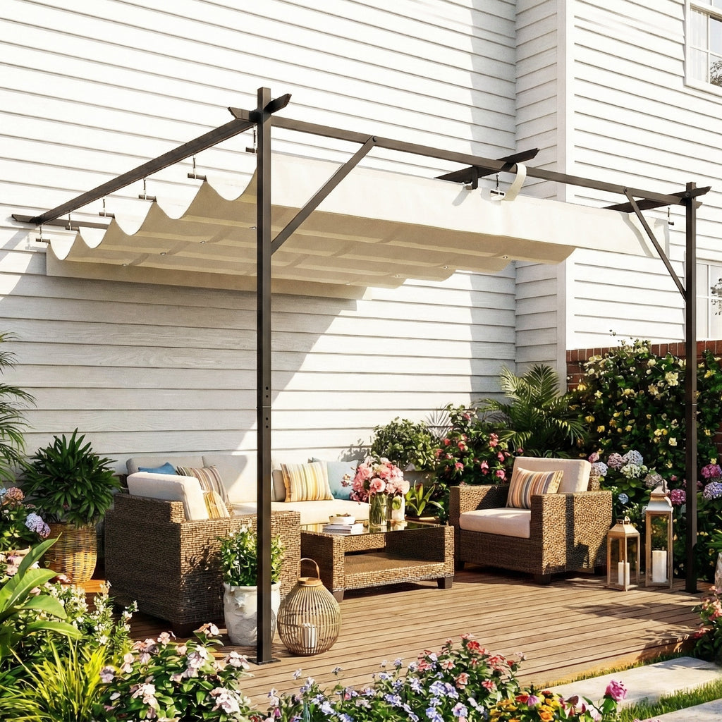 Solarias Gazebo Pergola adossée 3x3 m avec toit coulissant et orifices de drainage, Crème