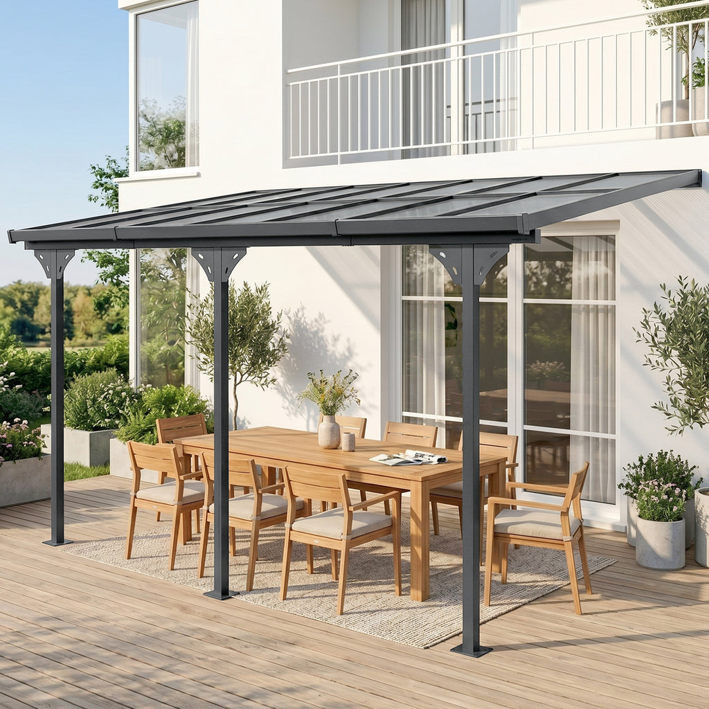 Solarias Pergola adossée aluminium 4,5 x 3 m avec toit en polycarbonate résistant UV, gouttière intégrée, tonnelle de jardin