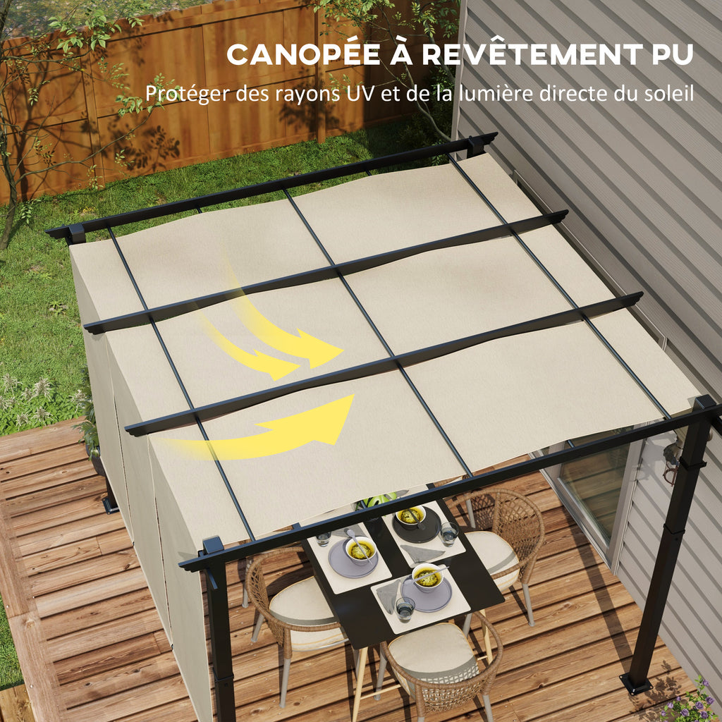 Solarias Pergola avec 3 toiles coulissantes 3 x 3 x 2,38 m structure acier noir toile polyester haute densité beige