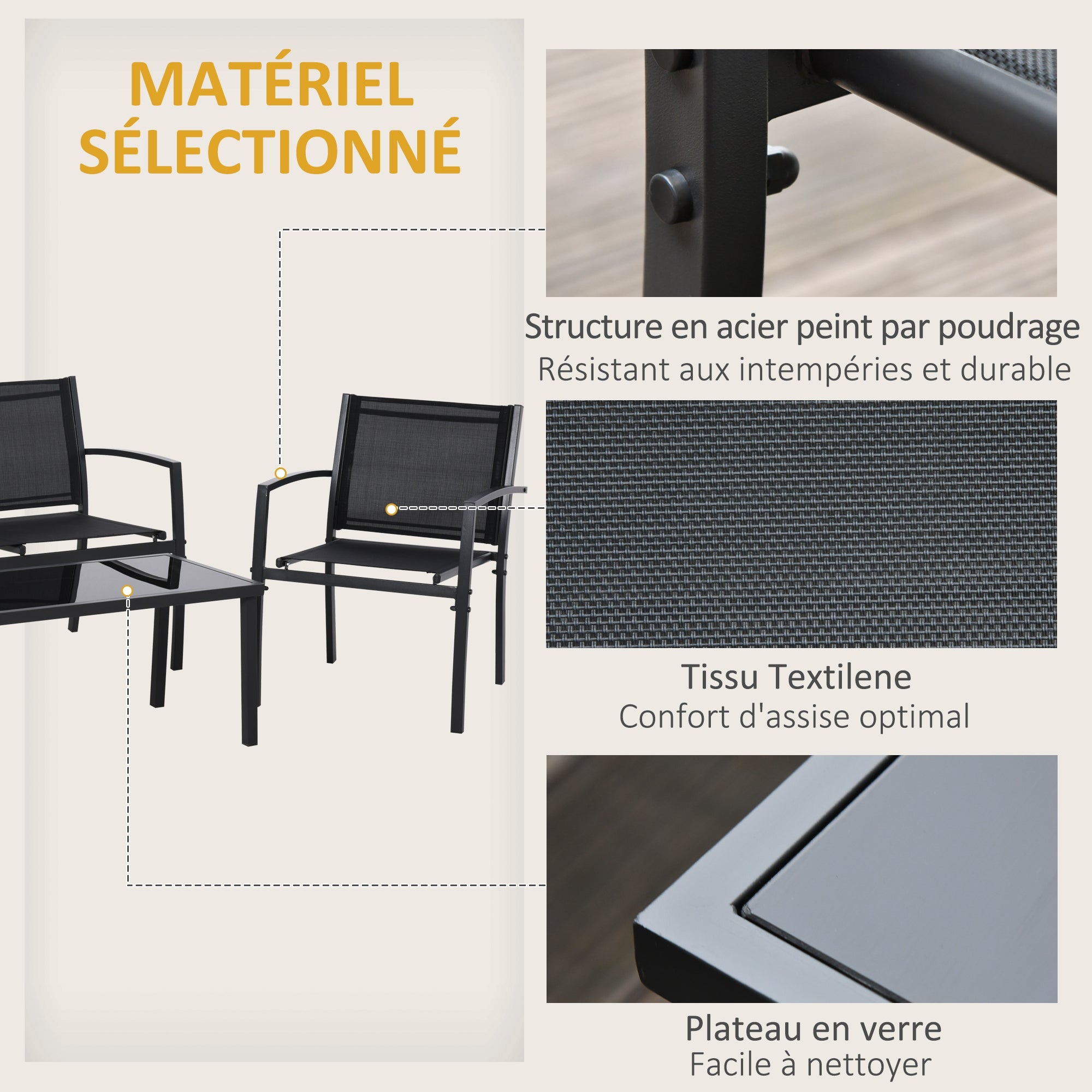 Solarias Salon de jardin extérieur 4 pièces avec canapé 2 places, 2 chaises et table basse en verre trempé, coussins inclus,