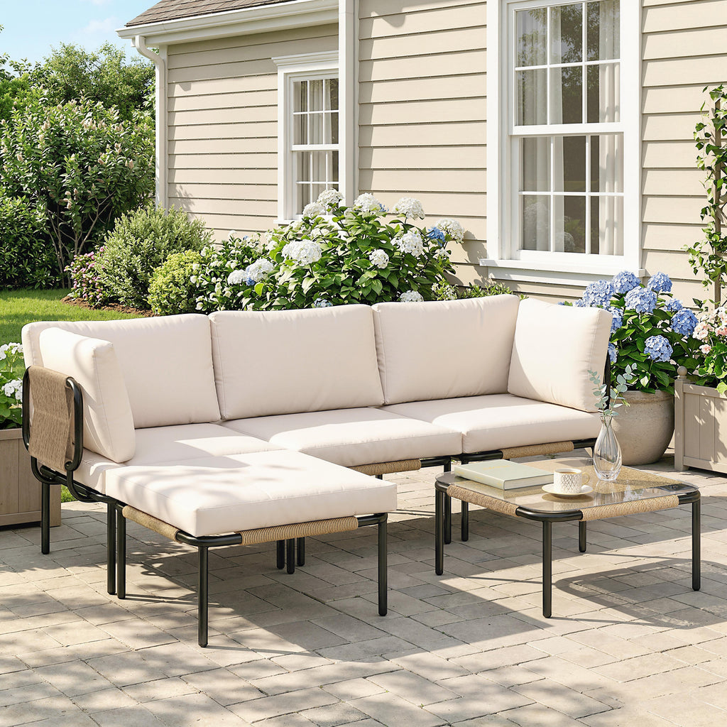 Solarias Ensemble lounge en Polyrattan 5 pièces avec 3 fauteuils, table en verre, repose-pieds, assise large & profonde, cou