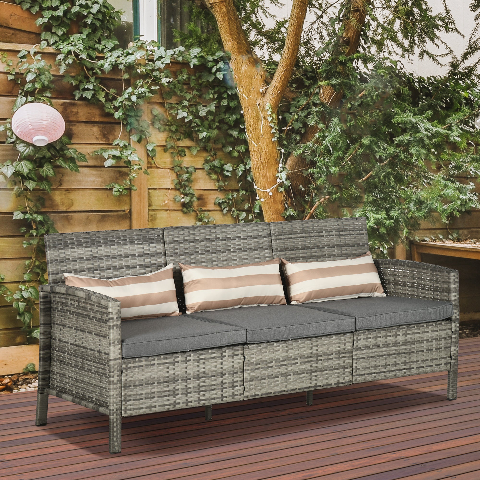 Solarias Canapé Rattan avec Coussins, Trois Places, Salon de Jardin, Acier, Gris, 173 x 68 x 78 cm