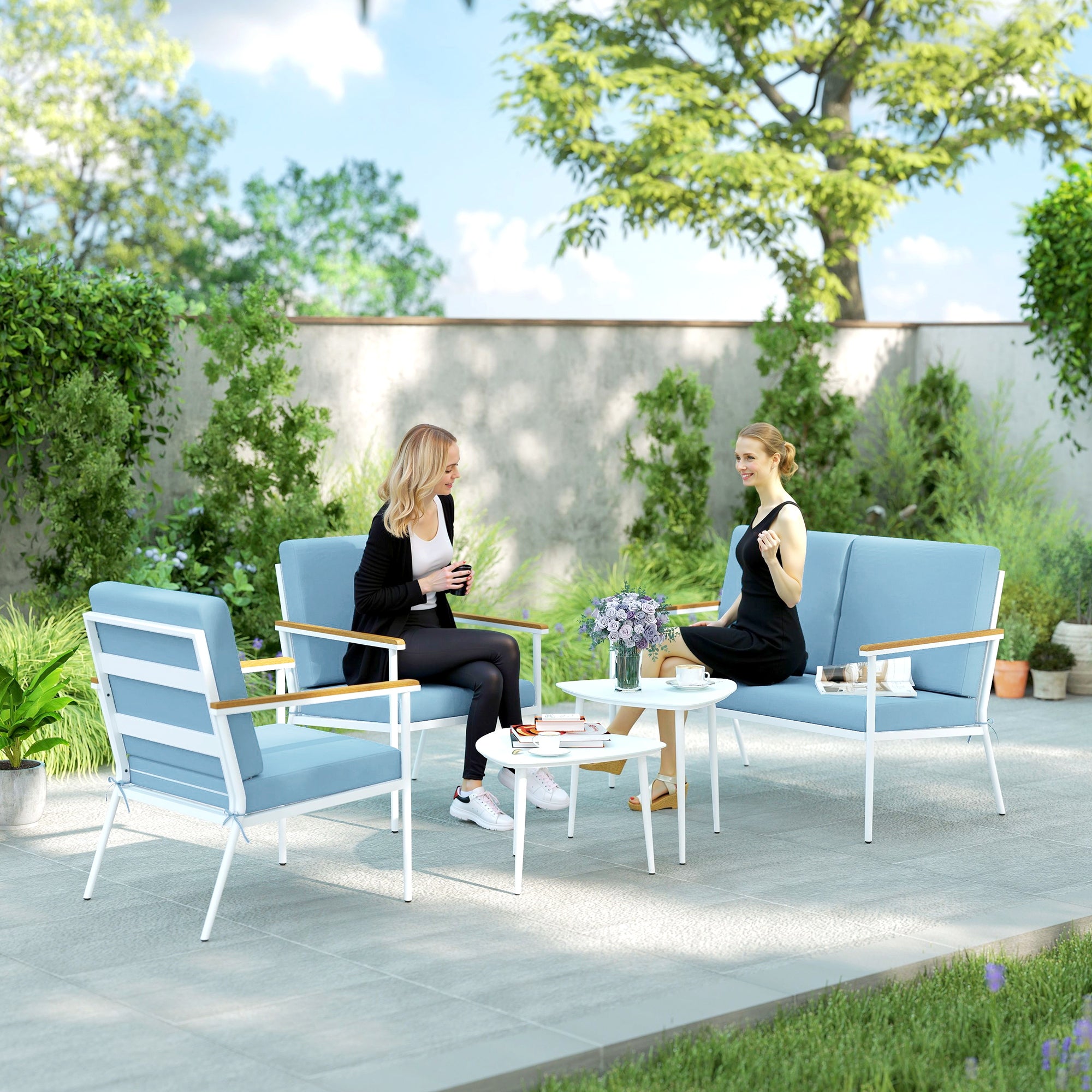 Solarias Salon de jardin extérieur 4 personnes, salon de balcon 5 pièces avec canapé, 2 fauteuils et 2 tables basses bleu cl