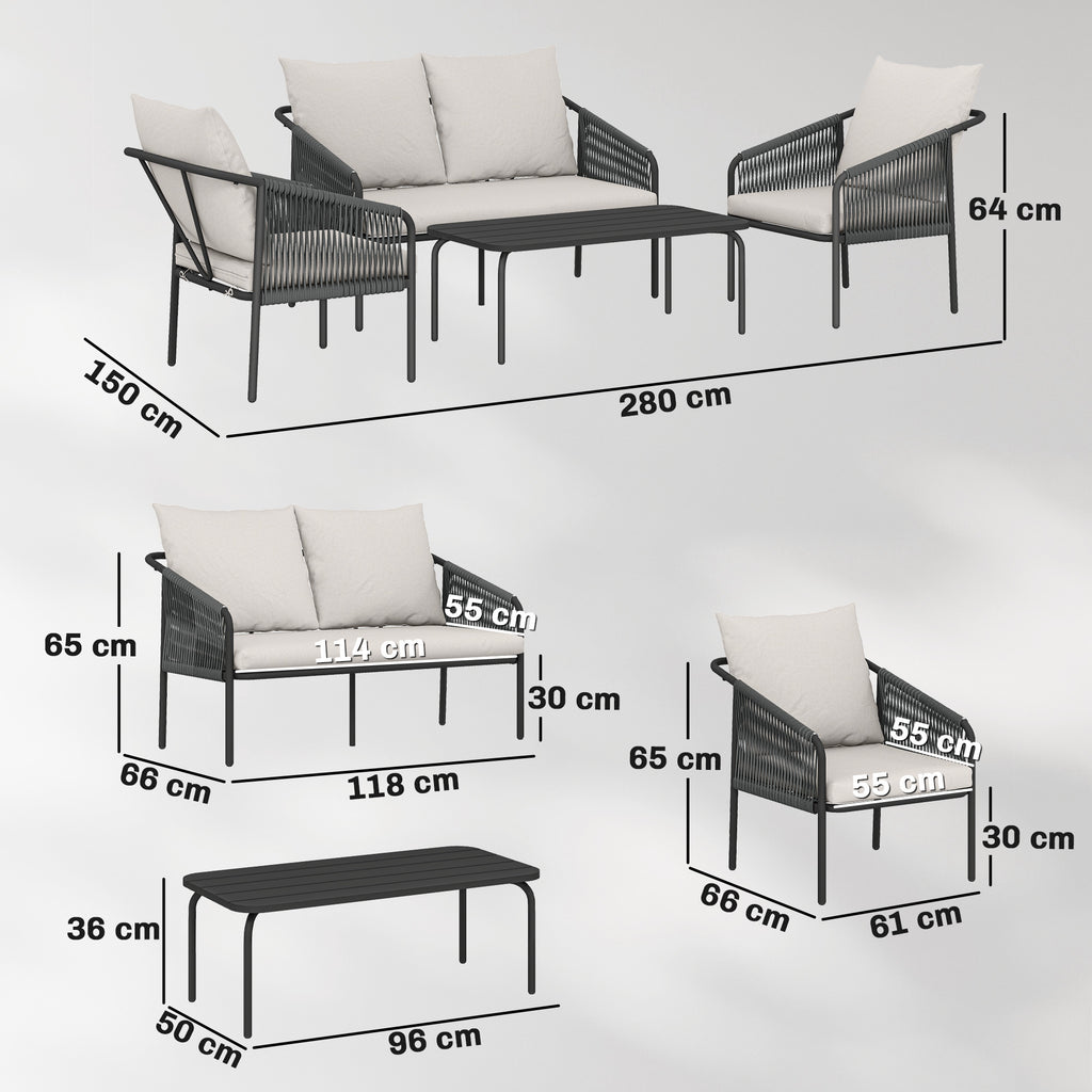 Solarias Ensemble de jardin 4 pièces Polyrattan salon avec canapé 2 places 2 fauteuils table basse coussins amovibles sangle