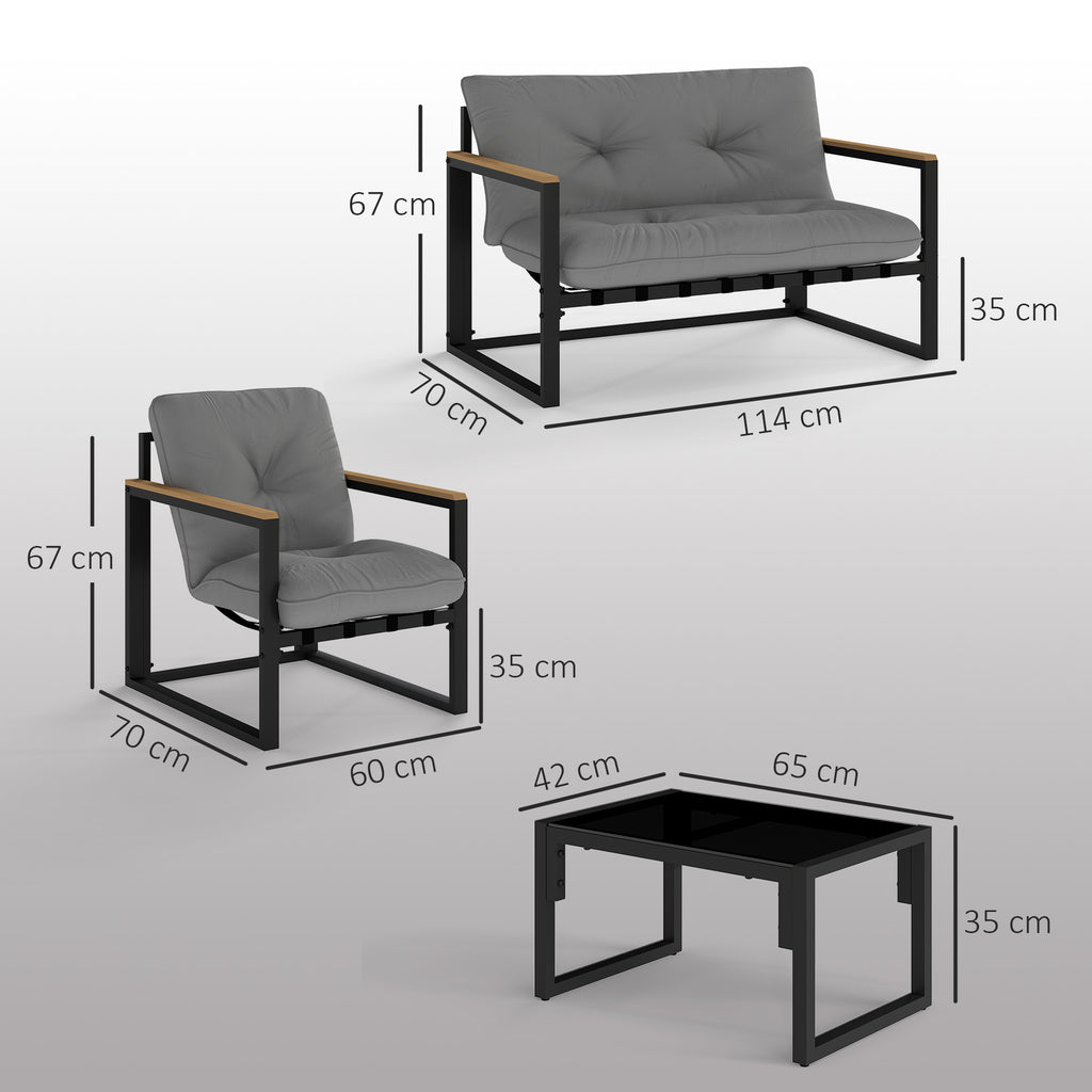 Solarias Salon de jardin extérieur 4 personnes avec canapé, 2 fauteuils et table basse en verre trempé, coussins inclus, gri