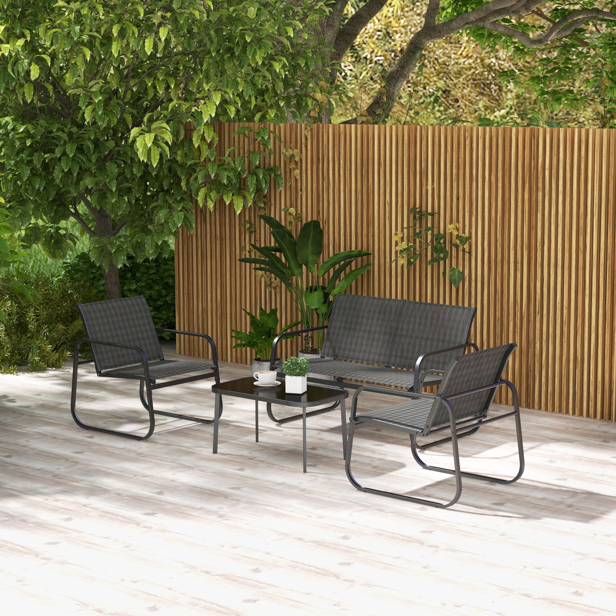 Solarias Salon de jardin 4 pièces avec 2 fauteuils 1 canapé 2 places d'extérieur et table basse plateau en verre trempé