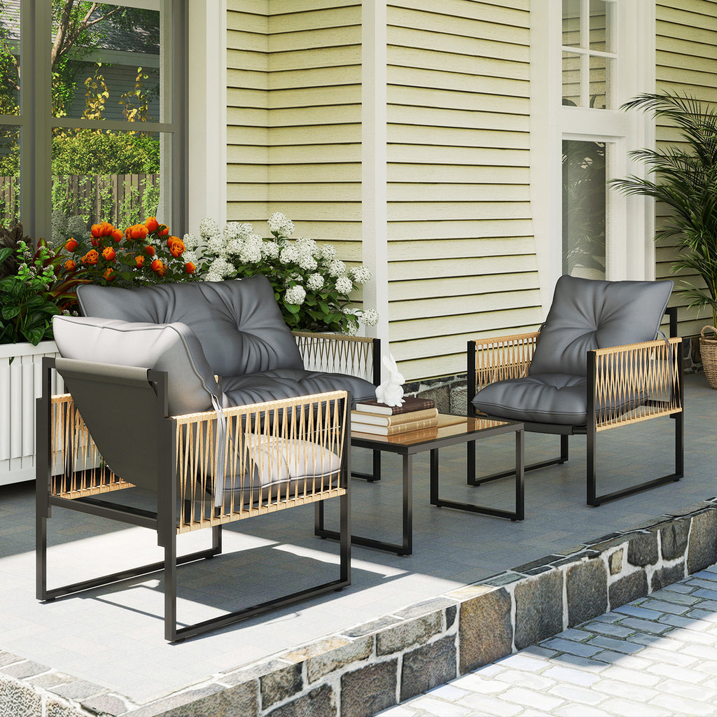Solarias Ensemble salon de jardin 4 pièces canapé 2 places 2 fauteuils et 1 table basse plateau verre trempé 3 coussins - gr
