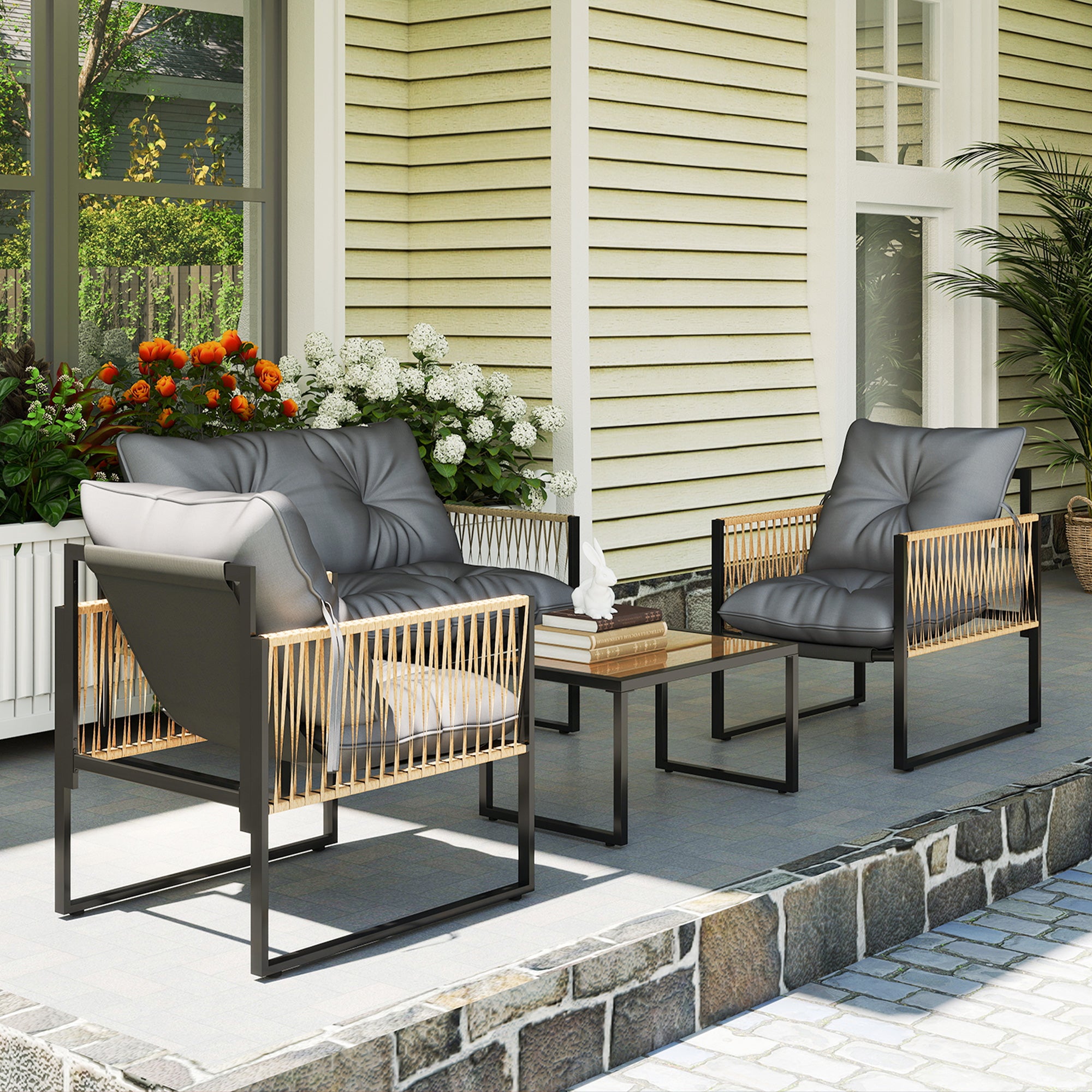 Solarias Ensemble salon de jardin 4 pièces canapé 2 places 2 fauteuils et 1 table basse plateau verre trempé 3 coussins - gr