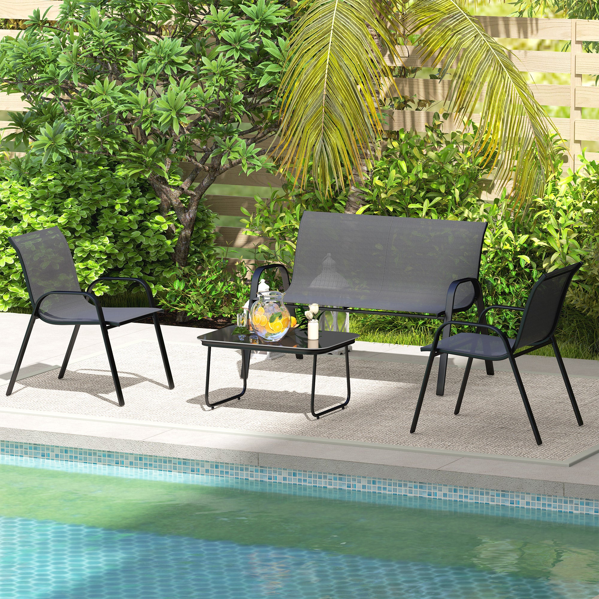 Solarias Ensemble de Jardin Outsunny avec Canapé 2 Places, 2 Fauteuils Empilables et Table Basse en Verre, Noir