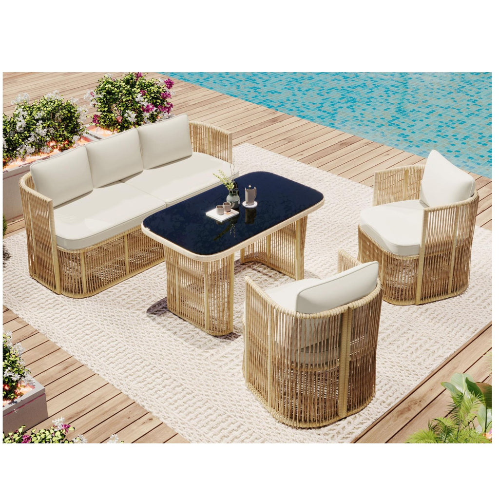 Solarias Ensemble de jardin 5‑pièces PE‑rotin, canapé 3‑places, 2 fauteuils et table en verre, Beige+Noir+Blanc