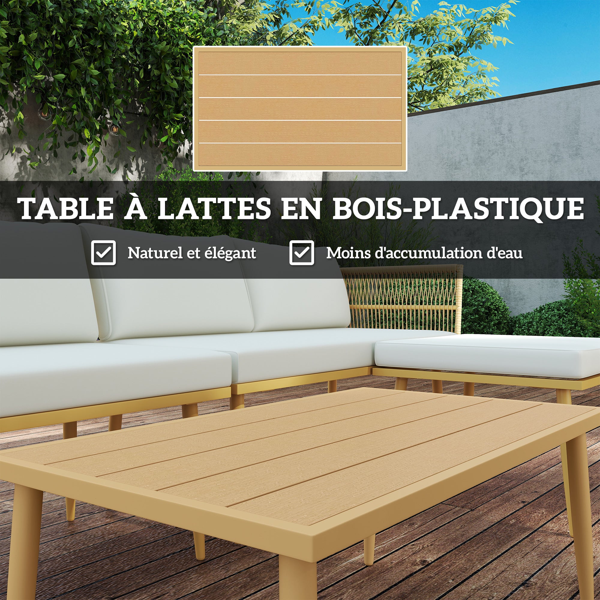 Solarias Salon de jardin extérieur en résine tressée 5 places modulable 2 canapés, pouf et table basse, coussins inclus, crè