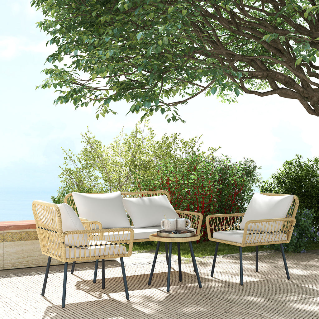 Solarias Ensemble salon de jardin 4 pièces canapé 2 places 2 fauteuils avec 7 coussins 1 table basse ronde, résine tressée