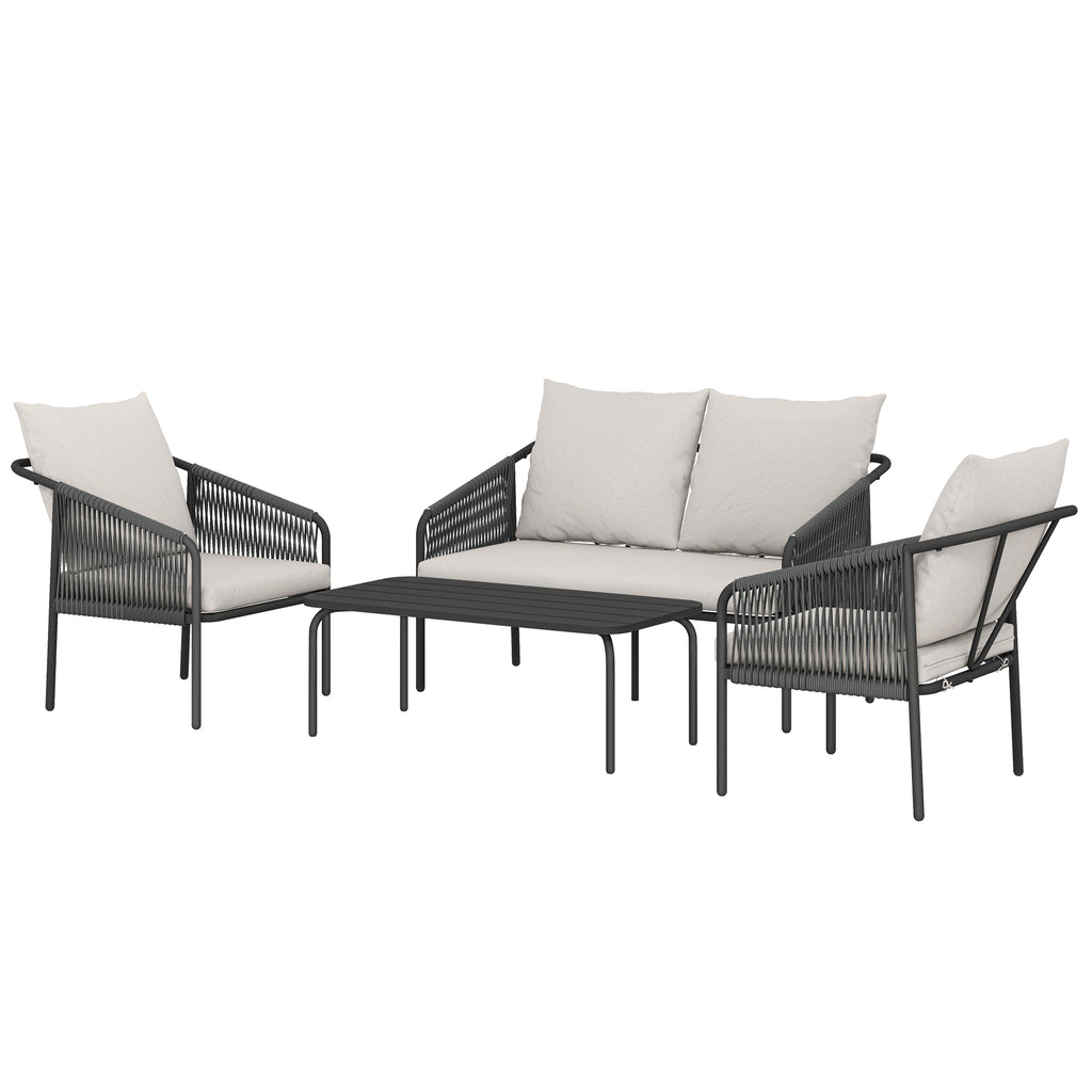Solarias Ensemble de jardin 4 pièces Polyrattan salon avec canapé 2 places 2 fauteuils table basse coussins amovibles sangle