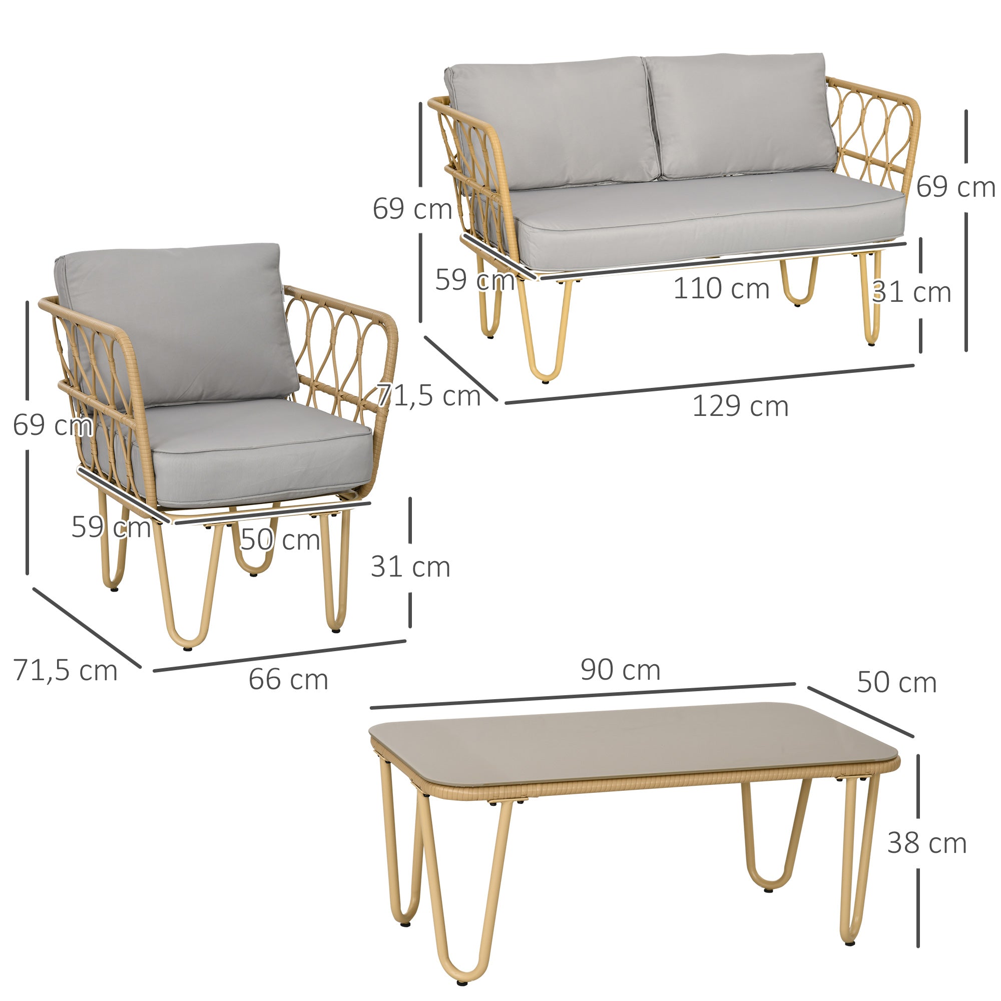 Solarias Ensemble salon de jardin canapé 2 places + 2 fauteuils + 1 table basse plateau verre trempé 7 coussins gris