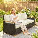 Solarias Canapé en rotin avec coussins, canapé de jardin 3 places canapé lounge avec cadre en acier pour terrasse jardin 192
