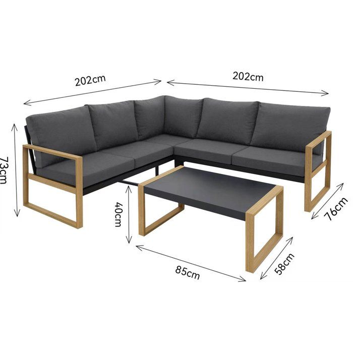 Solarias Salon de jardin d'angle - Aluminium effet bois - PUERTOCOR - 5 personnes + table basse