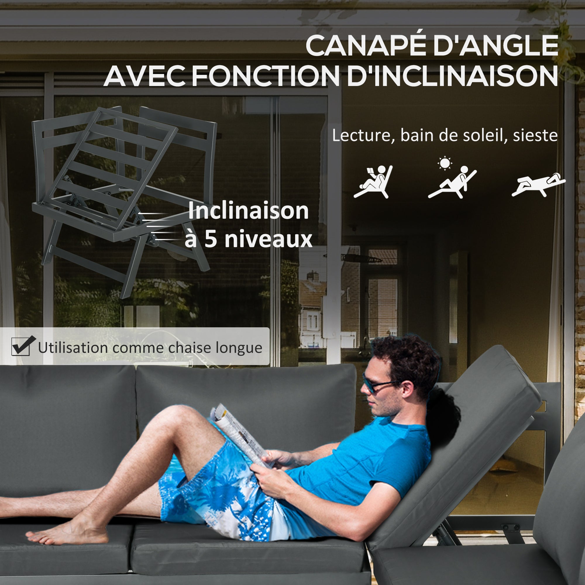 Solarias Ensemble salon de jardin d'angle et convertible 4 pièces avec 2 banquettes, 1 fauteuil d'angle et 1 table basse