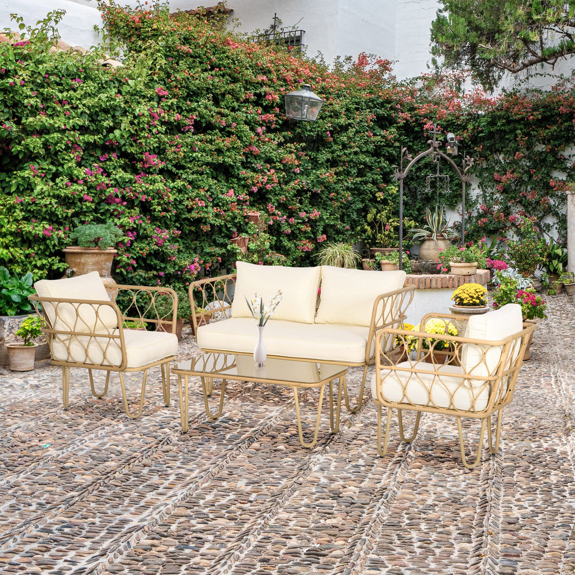 Solarias Ensemble salon de jardin canapé 2 places + 2 fauteuils + 1 table basse plateau verre trempé 7 coussins écru