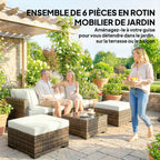 Solarias Salon de jardin extérieur d'angle 5 places en résine tressée, canapés, repose-pieds, table basse et coussins, crème
