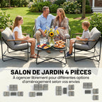 Solarias Salon de Jardin 4 Pièces Ensemble avec Canapé 2 Places, 2 Fauteuils et Table Basse Verre Trempé Coussins 13cm Gris 