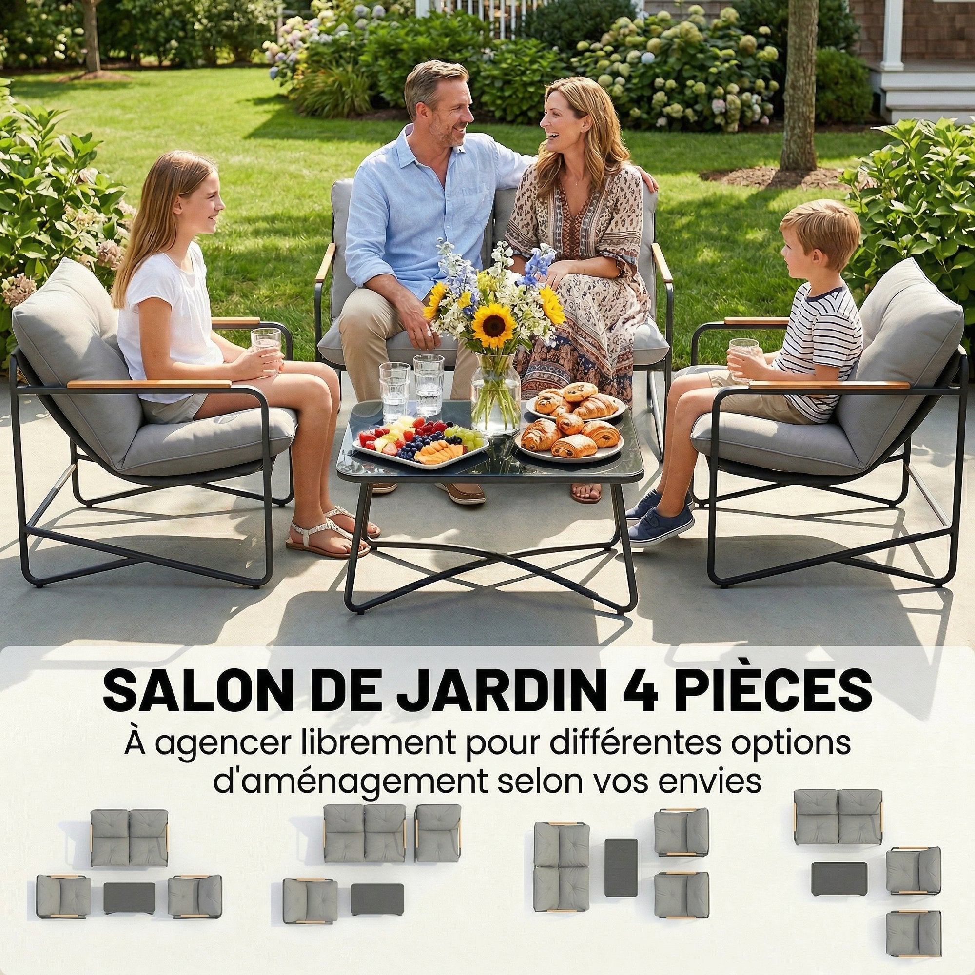 Solarias Salon de Jardin 4 Pièces Ensemble avec Canapé 2 Places, 2 Fauteuils et Table Basse Verre Trempé Coussins 13cm Gris 