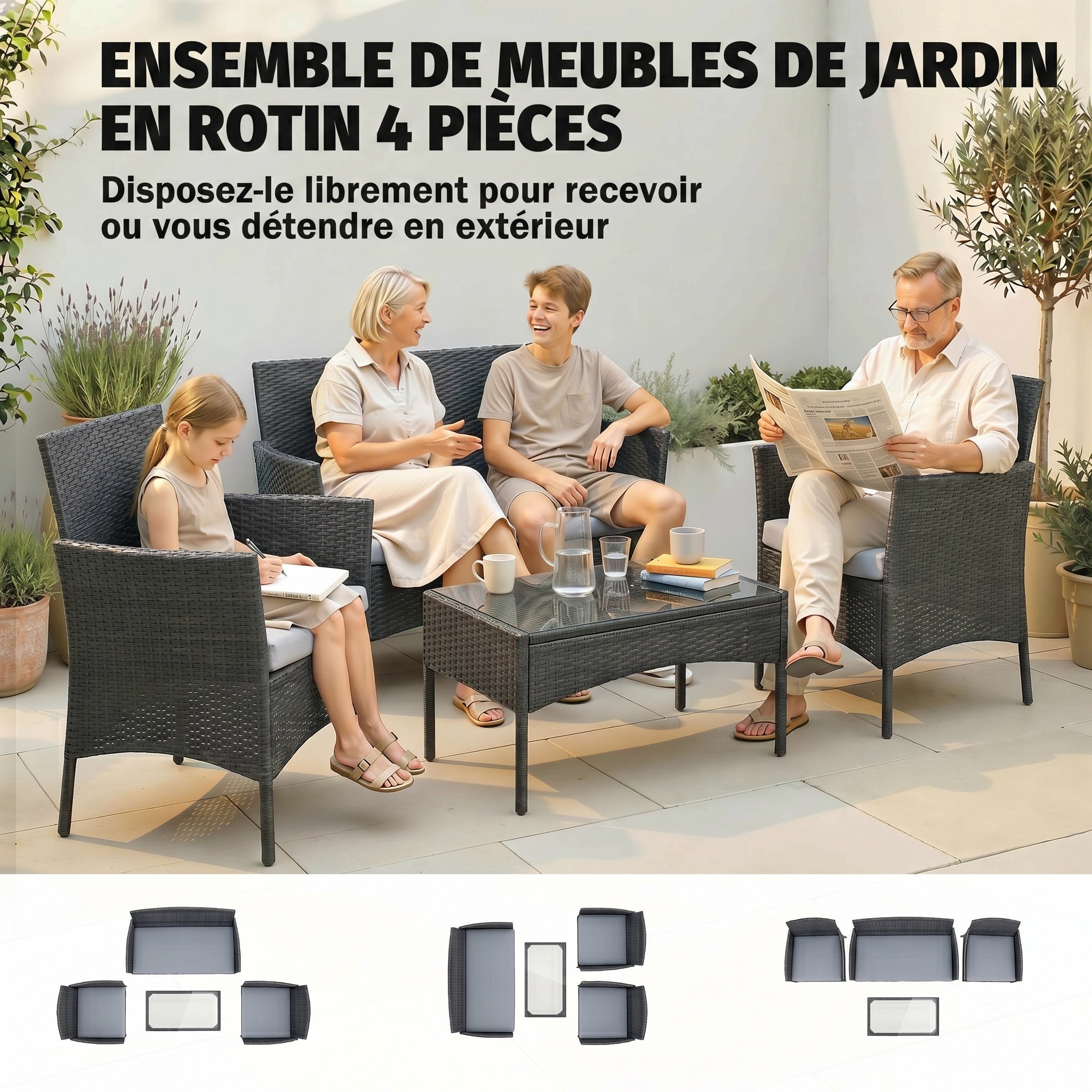 Solarias Salon de jardin extérieur 4 personnes en résine tressée avec canapés et table basse en verre trempé coussins inclus