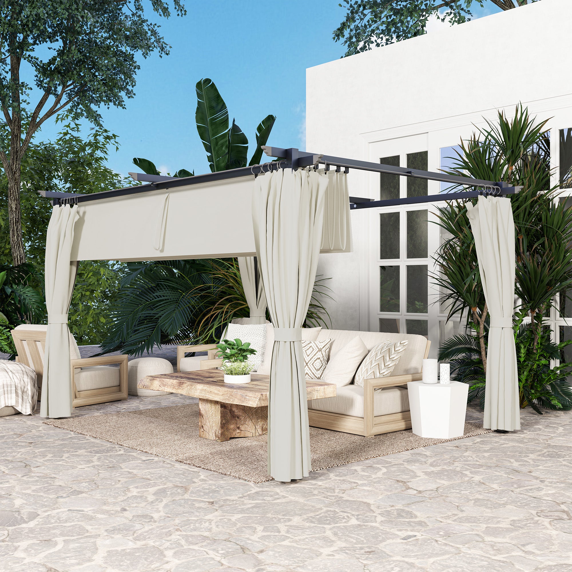 Solarias Pergola de jardin exterieur 3 x 4 m, toit rétractable et rideaux, anti-UV UPF30+, pour barbecue, patio, terrasse, c