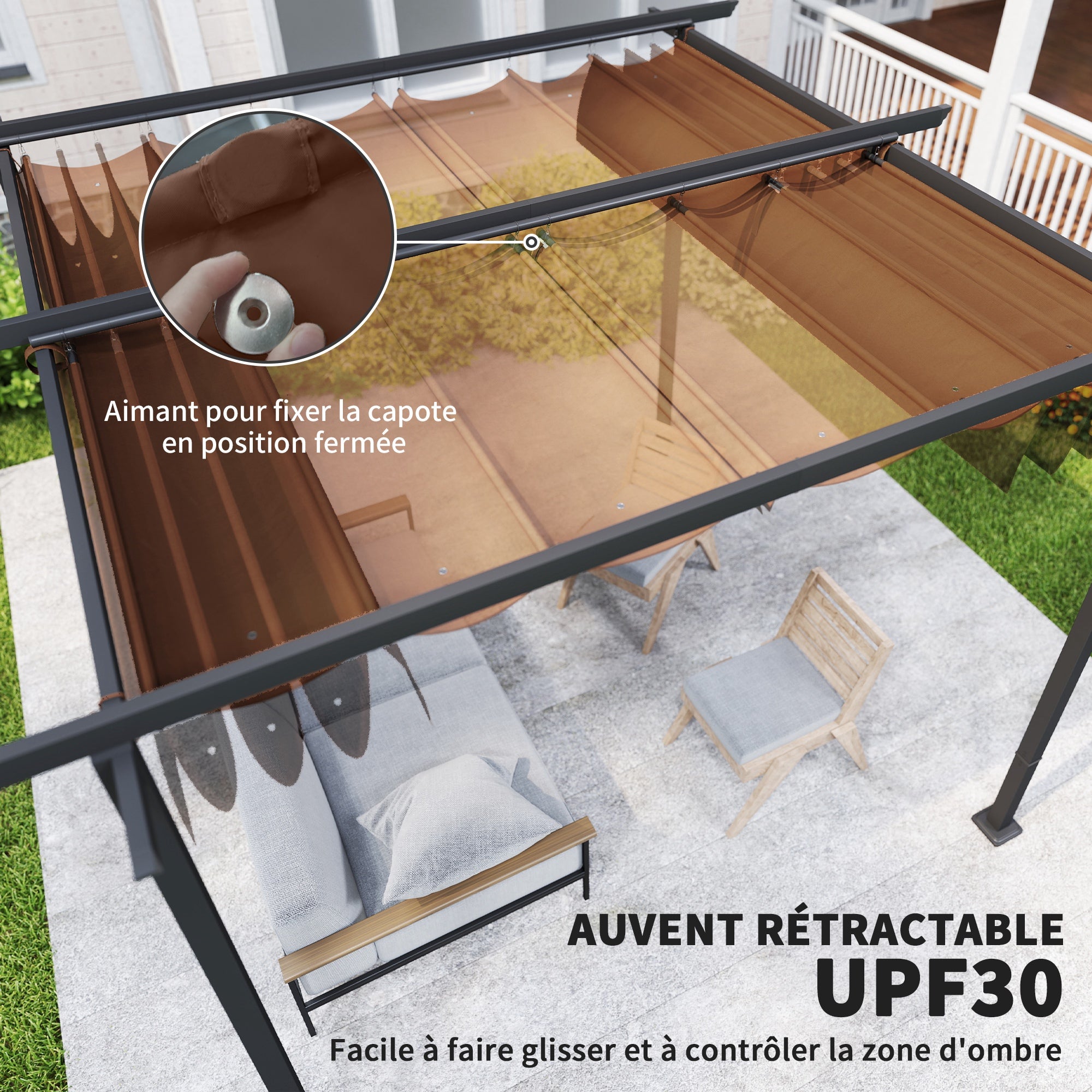 Solarias Pergola jardin exterieur 3x3 m toit coulissante rétractable polyester haute densité 180g/m², abri soleil UPF30+, ma