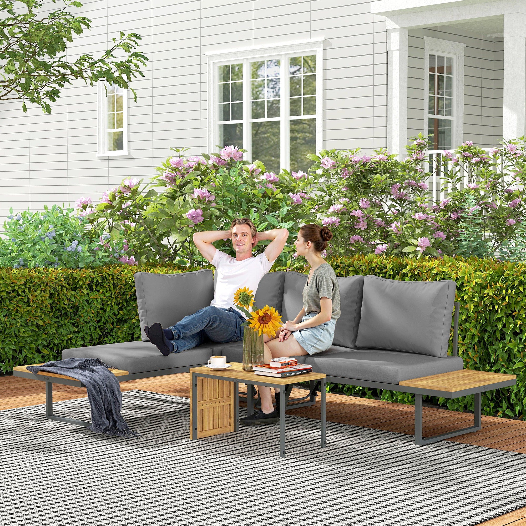 Solarias Ensemble de meubles de jardin modulable en bois d'acacia 6 places, salon de jardin d'angle avec table, gris
