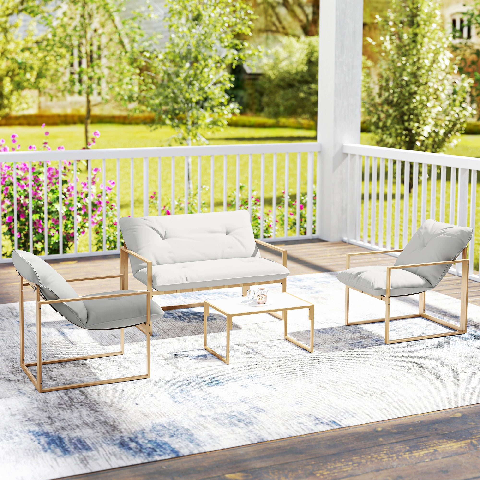 Solarias Salon de jardin extérieur 4 pièces avec coussins ultra-épais 15cm canapé 2 places avec table basse et 2 fauteuils k
