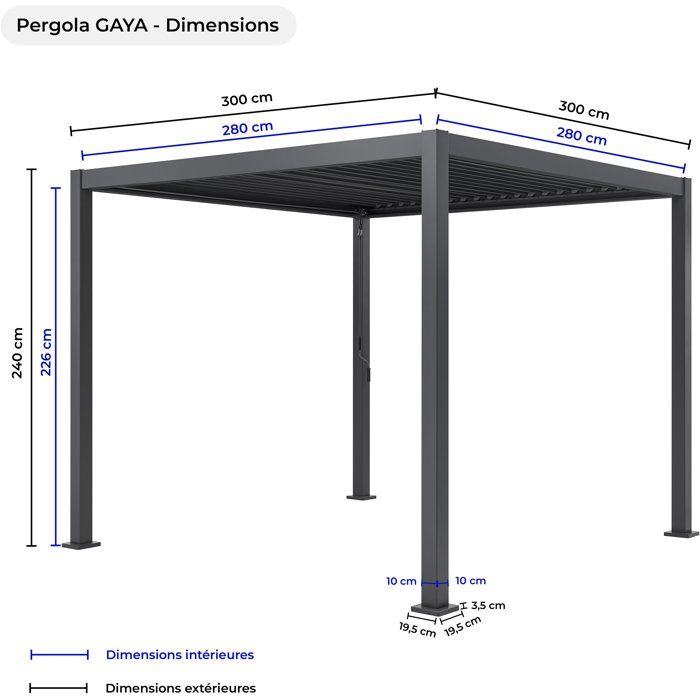 Solarias Pergola bioclimatique GAYA - Structure en aluminium et en acier - 290x290xH240 cm - Gris