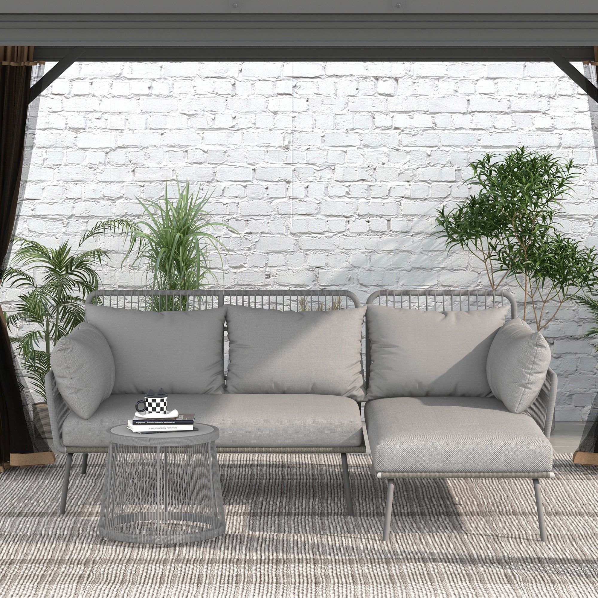 Solarias Salon de jardin d'angle 4 pers. style colonial table basse coussins grand confort inclus résine tressée gris