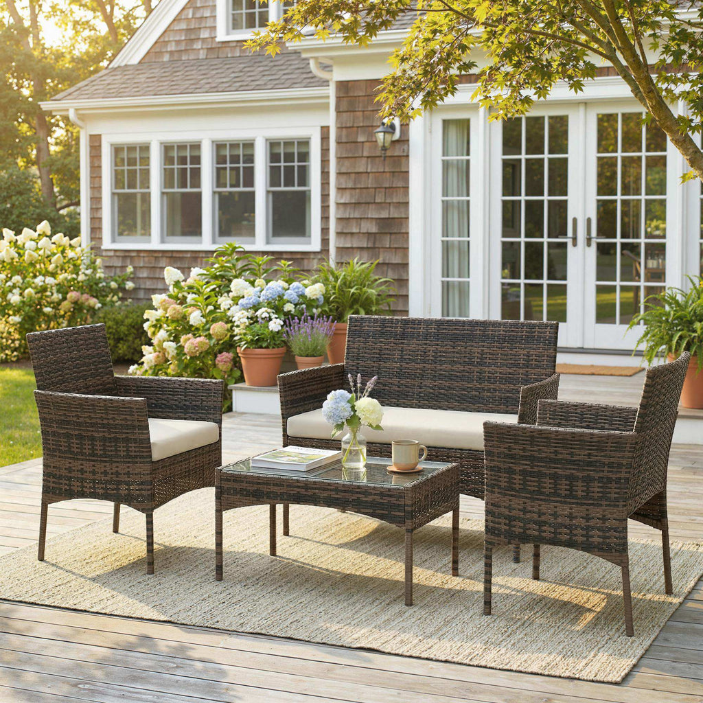 Solarias Salon de jardin extérieur 4 personnes en résine tressée avec canapés et table basse en verre trempé coussins inclus