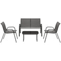 Solarias Ensemble de Jardin Outsunny avec Canapé 2 Places, 2 Fauteuils Empilables et Table Basse en Verre, Noir