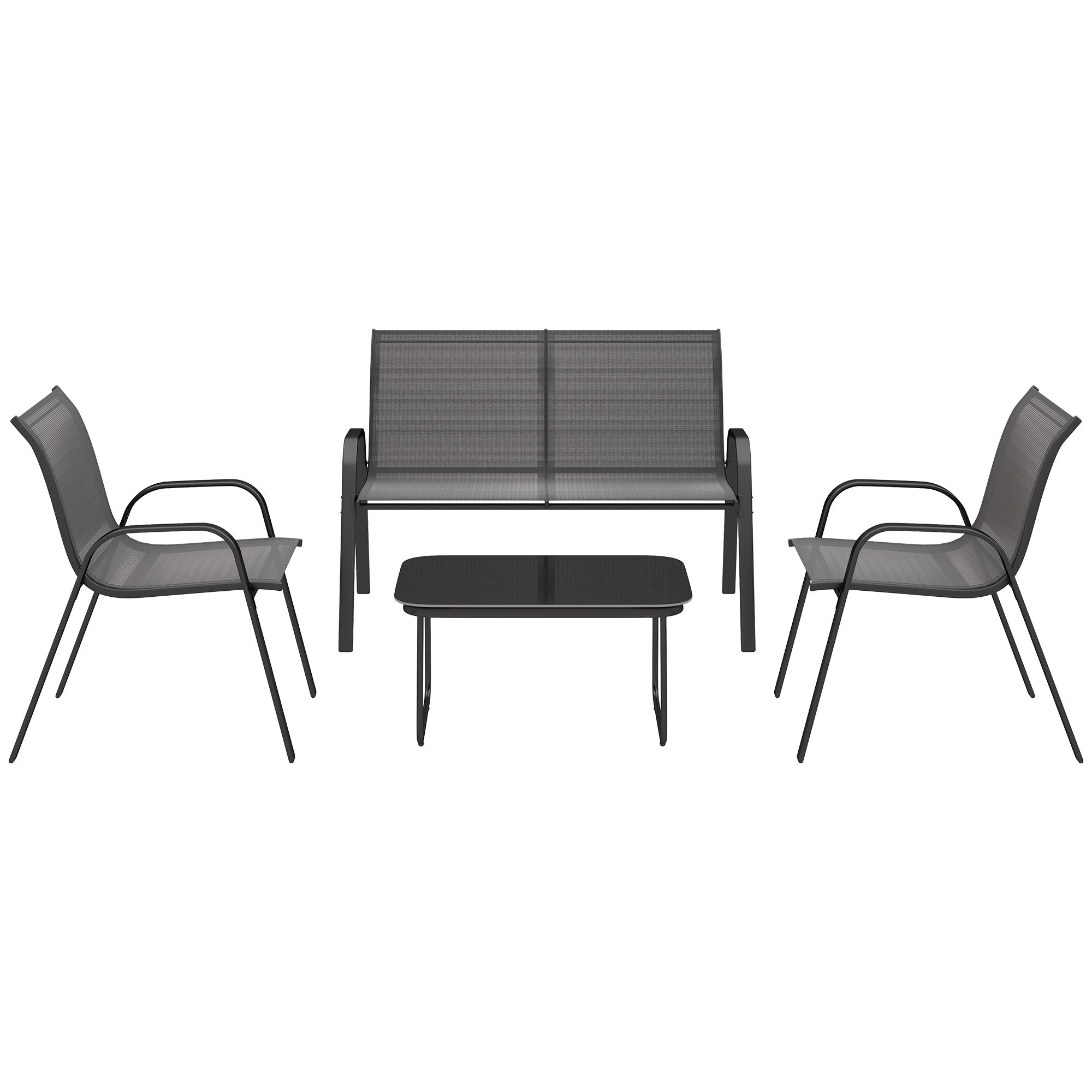 Solarias Ensemble de Jardin Outsunny avec Canapé 2 Places, 2 Fauteuils Empilables et Table Basse en Verre, Noir