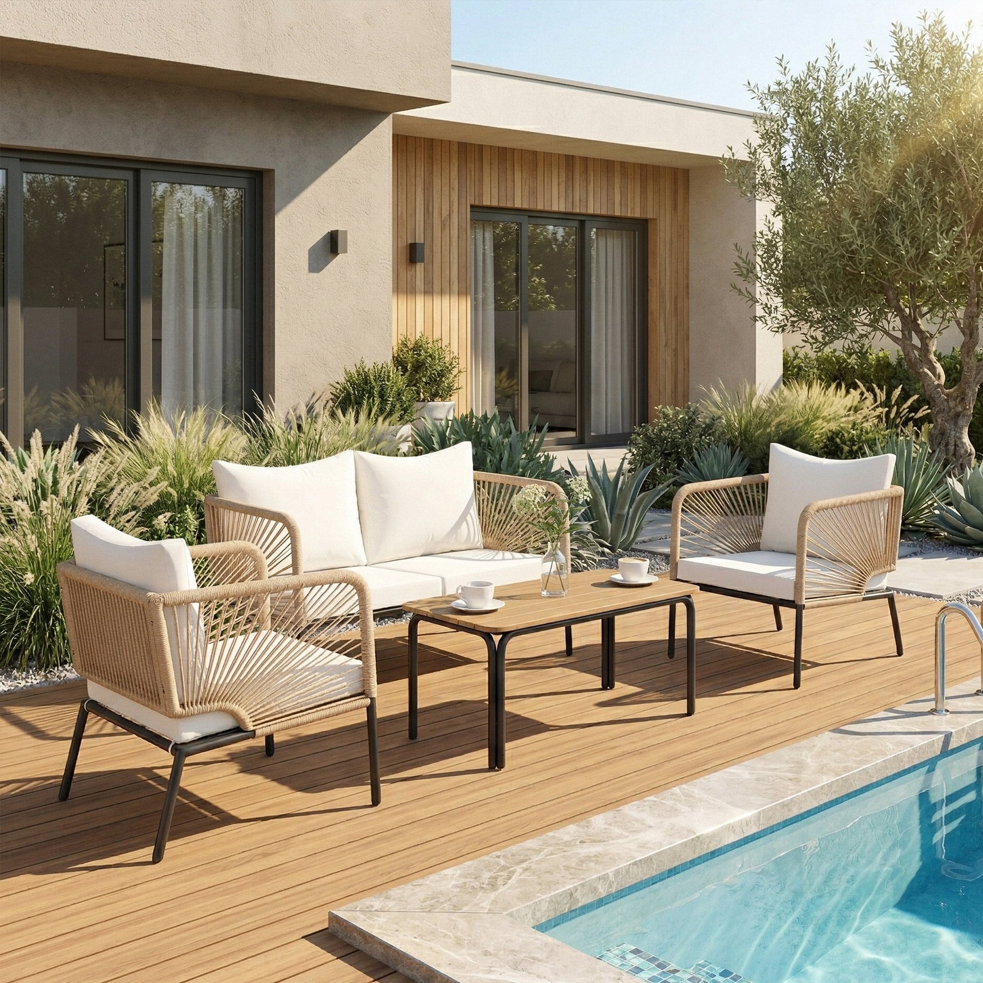 Solarias Ensemble de jardin pour 4 personnes, salon de jardin avec canapé 2 places, 2 fauteuils, table à lames, tressage cor