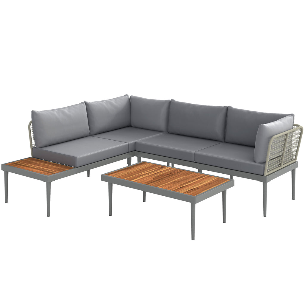 Solarias Salon de jardin extérieur 4 places modulable en bois d'acacia, canapé d'angle extérieur avec table basse et coussin