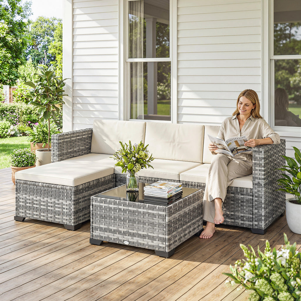 Solarias Ensemble de jardin Polyrattan 5 pièces, set lounge avec canapé d'angle, pouf, table, coussins d'assise et de dossie