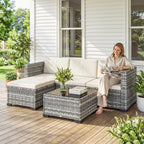 Solarias Ensemble de jardin Polyrattan 5 pièces, set lounge avec canapé d'angle, pouf, table, coussins d'assise et de dossie